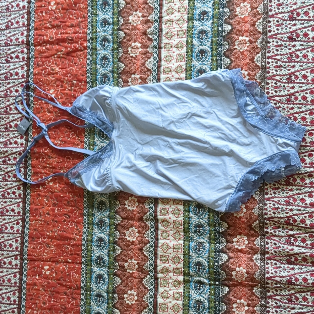 Aerie Iced Blue Macaron Satin Lace Bodysuit